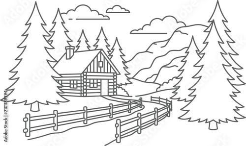 Cozy cabin coloring vector page simple clean minimalist drawing for kids and adults relaxation
