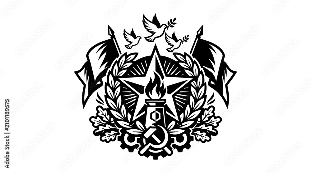 Obraz premium Soviet Emblem: Star, Hammer, Sickle, Laurel Wreath, Flags, Doves