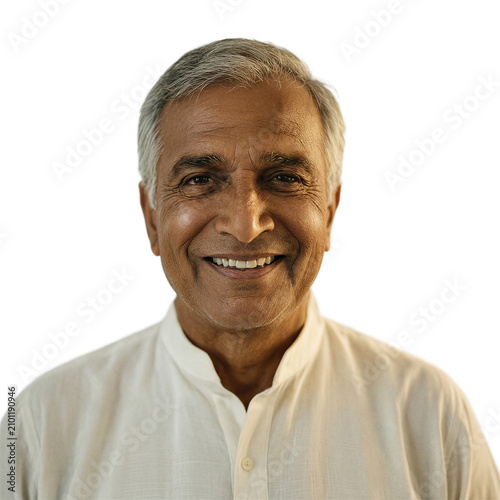 South Asian man senior portrait isolated on a transparent background wearing a crisp white kurta with a warm friendly smile