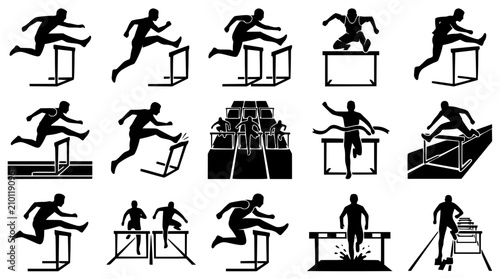 Foto Hurdlers leaping over obstacles during athletic competition in silhouette vector