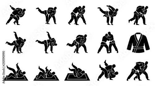 Photos Judo combat athletes performing throws and holds in silhouette against white bac