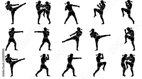 Photos Muay Thai fighters in dynamic poses during combat and training in silhouette sty