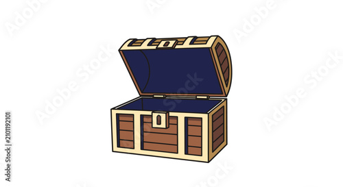 Open wooden treasure chest with blue interior, isolated on white background, cartoon style illustration