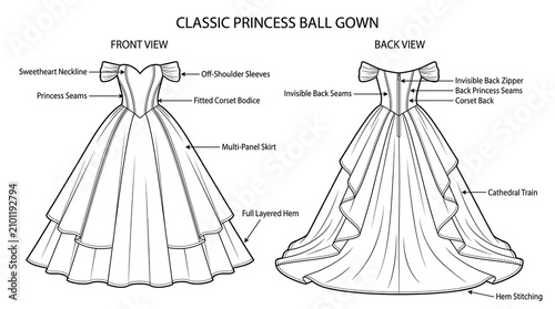 Technical fashion sketch of a classic princess ball gown showing front and back views with detailed labels for sweetheart neckline, corset bodice, and cathedral train for garment construction
