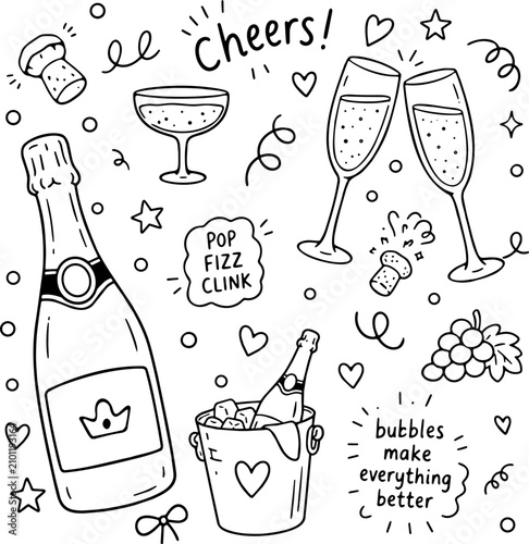 Hand drawn champagne celebration doodle collection with bottles, glasses, cork, bucket and festive elements on white, perfect for greeting cards, party invitations