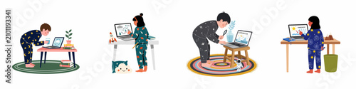 Tableau sur toile Set of illustrations depicting children in pajamas learning science, the water cycle, and evaporation on laptops at home via distance education
