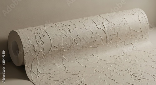 Textured wallpaper roll displaying neutral colors and organic pattern