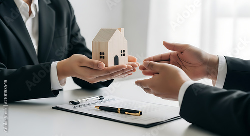 Real estate agent handing over a wooden house model to a client during a contract signing.