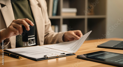 Professional business person using a rubber stamp to authorize official documents on an office desk.