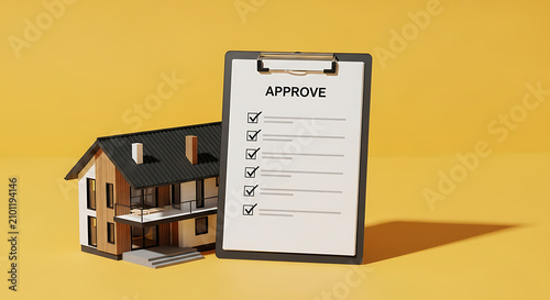 A miniature model house next to a clipboard with an approved checklist on a yellow background.
