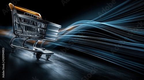 A shopping cart moves with light trails. Online commerce concept.