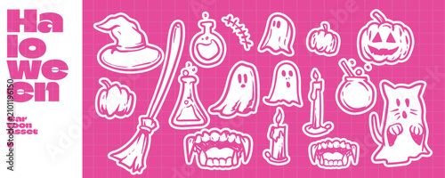 Canvas Print Spooky Halloween Cartoon Collection With Witch Hat, Broom, Ghosts, Pumpkins, and