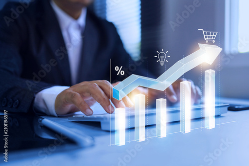 business concept with upward to signify progress, and floating conceptual icons like a percentage sign, a glowing light bulb for ideas, and a shopping cart for retail or e-commerce sales