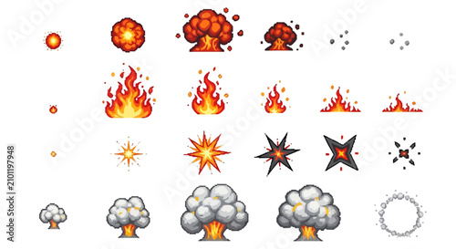 Foto Diverse collection of retro 8-bit pixel art vector icons featuring characters, tools, weapons, and UI elements isolated on a plain background for game design and development