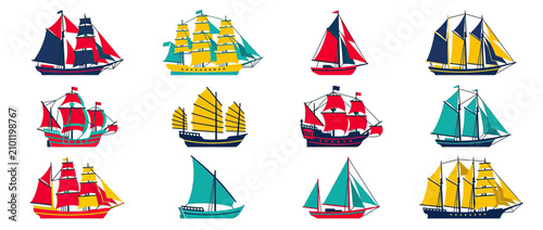 Foto Collection of Diverse Sailing Vessels in Colorful Illustration