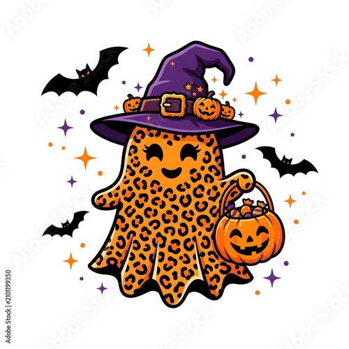 Ghost dressed in a leopard print costume sports a witch hat with pumpkins and holds a treat bucket.