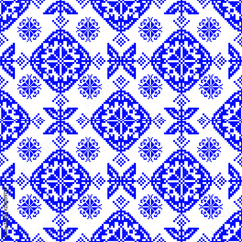 seamless damask pattern
A design featuring indigenous cultural motifs arranged using geometric shapes, emphasizing the color blue against a white background; suitable for the textile industry, 
