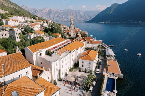Aerial view of Perast waterfront and historic architecture in Kotor Bay