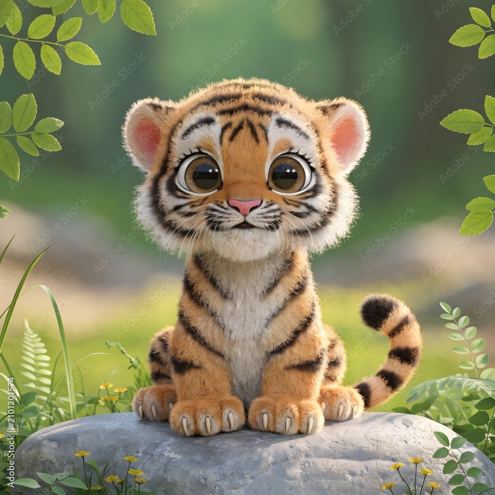 Obraz premium Cute cartoon tiger cub sitting in a green forest
