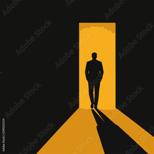 A dark silhouette of a professional businessman in a suit walking forward through a bright glowing doorway towards success with long shadows cast across the floor in a minimalist style.