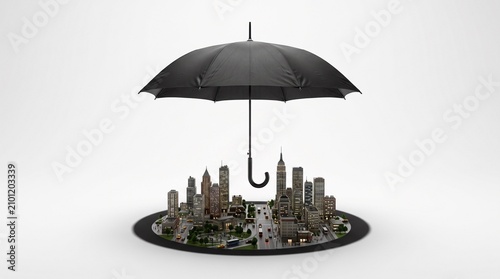 Umbrella Protecting Miniature City 3D Illustration