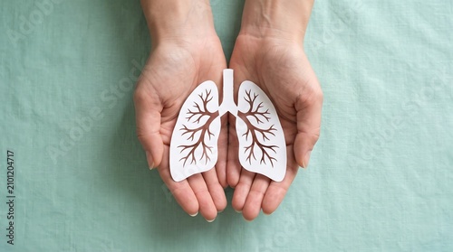 Hands holding paper lungs for world lung cancer day awareness