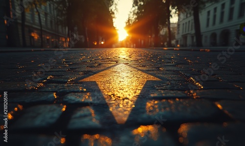 A straight road with an arrow painted on it, leading towards the horizon The sun is setting in the background casting long shadows over cobblestones and asphalt, Generative AI