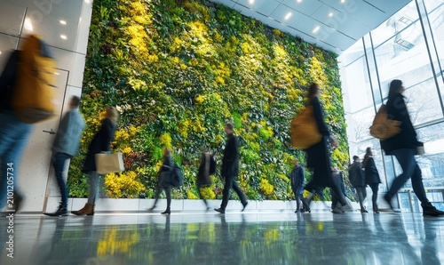 A green living wall in an office space, with people walking past it and creating natural light for energy efficiency and sustainability, Generative AI