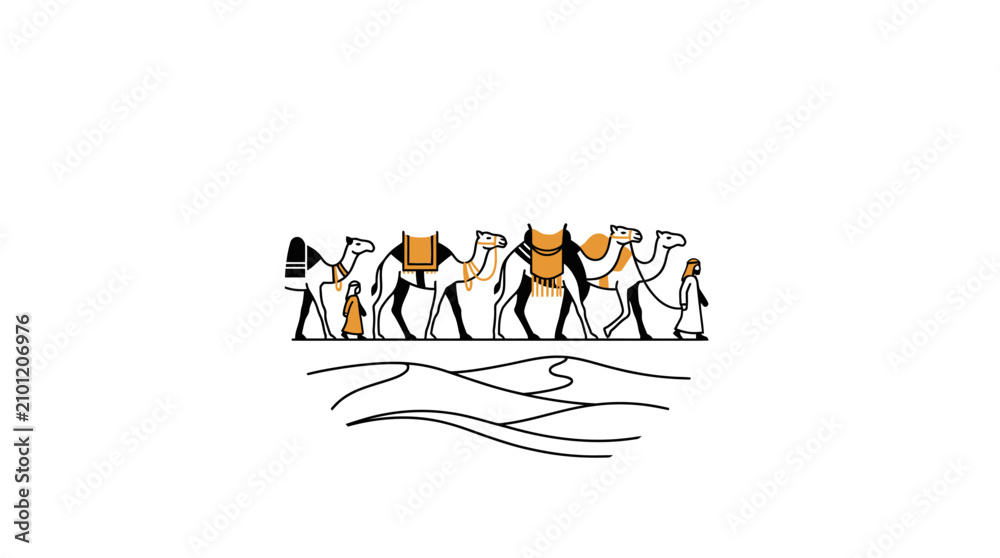 Obraz premium Desert Caravan: Camels and Figures on Sand Dunes
