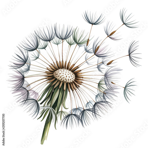 A detailed illustration of a dandelion flower dispersing its seeds