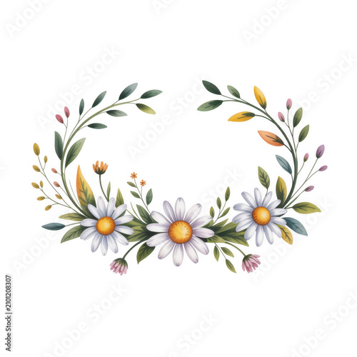 A beautiful floral wreath with white daisies and colorful leaves on a black background