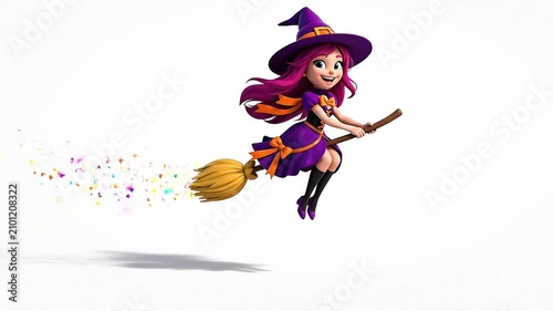 Adorable flying witch riding a broomstick with smooth looping animation on a clean white background. Perfect for Halloween, motion graphics, kids videos, social media, and festive projects.