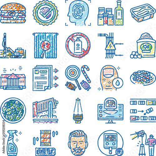 Cuadro en lienzo Doodle style icon set depicting food, industry, technology, healthcare and every
