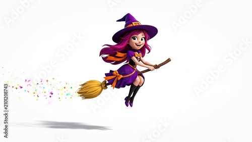 Cute Flying Witch on Broom Animation Isolated on White Background Halloween Cartoon 4K Loop