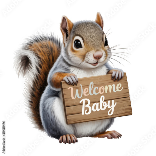 A cute squirrel holding a welcome baby sign on a black background