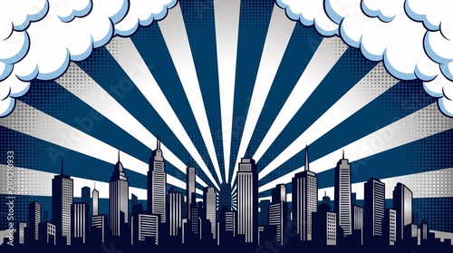 Deep navy blue skyline with retro radial rays and comic-inspired clouds, creating a bold urban background for advertising, websites, and business presentations.