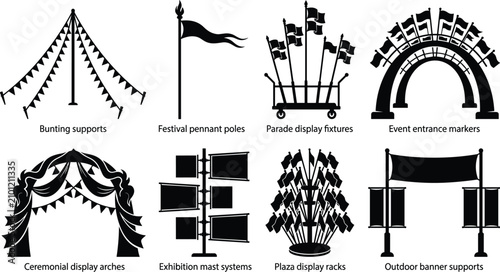 Fotografie Set of black silhouettes showcasing various event display structures, including