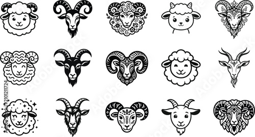 Tablou pe pânză Collection of stylized ram and sheep heads in vector illustration for branding