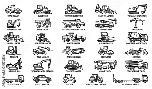 Canvastavla Construction Vehicles and Heavy Machinery Icons with Excavator Bulldozer Crane a
