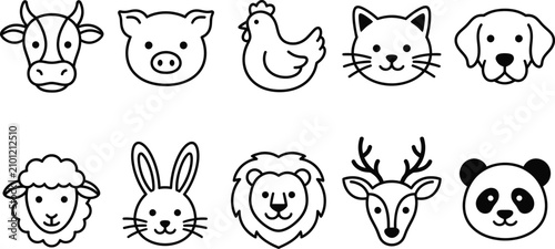 Canvas Print Farm and wild animal faces in simple line art vector illustration style