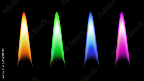 Four colorful flame energy beams vertical shapes. Abstract fire neon laser glow spikes futuristic effects. 
