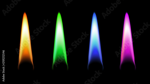 Four colorful flame energy beams vertical shapes. Abstract fire neon laser glow spikes futuristic effects. 