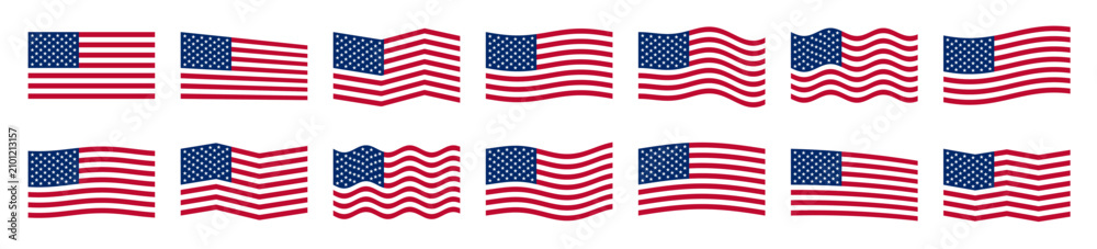 Obraz premium American flag icon set. transparent background USA national flag waving variations. united states patriotic independence day concept. flat vector design collection 
