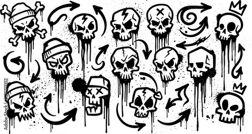 Graffiti Skulls and Arrows Vector Illustration Set
