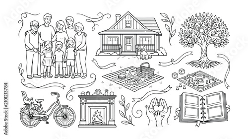 Tableau sur toile Hand drawn family life icons set, black and white line art vector collection of
