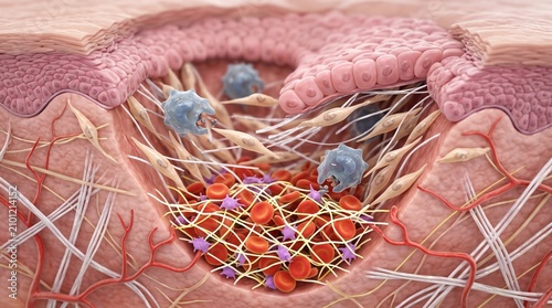 3d medical illustration of a skin wound healing process showing cellular activity
