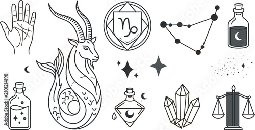 Bild auf Leinwand Capricorn Zodiac Astrology Vector Line Art Icon Set with Sea Goat Palmistry Hand