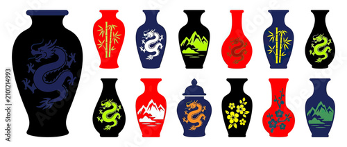 Foto Collection of Decorative Ceramic Vases with Oriental Motifs