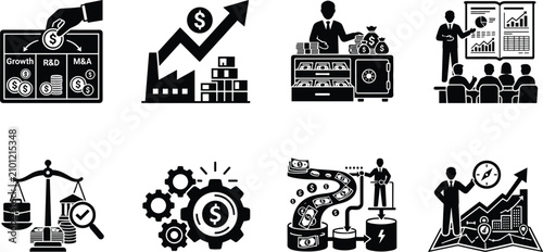 Corporate capital allocation and strategic financial growth icon set with business asset management investment symbols
