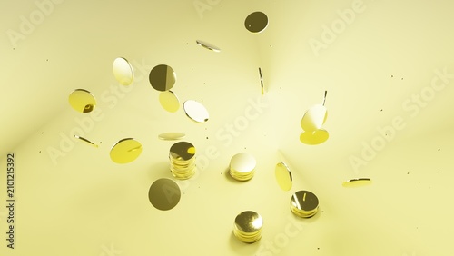 Fotografie Golden currency pieces tumbling through bright studio space